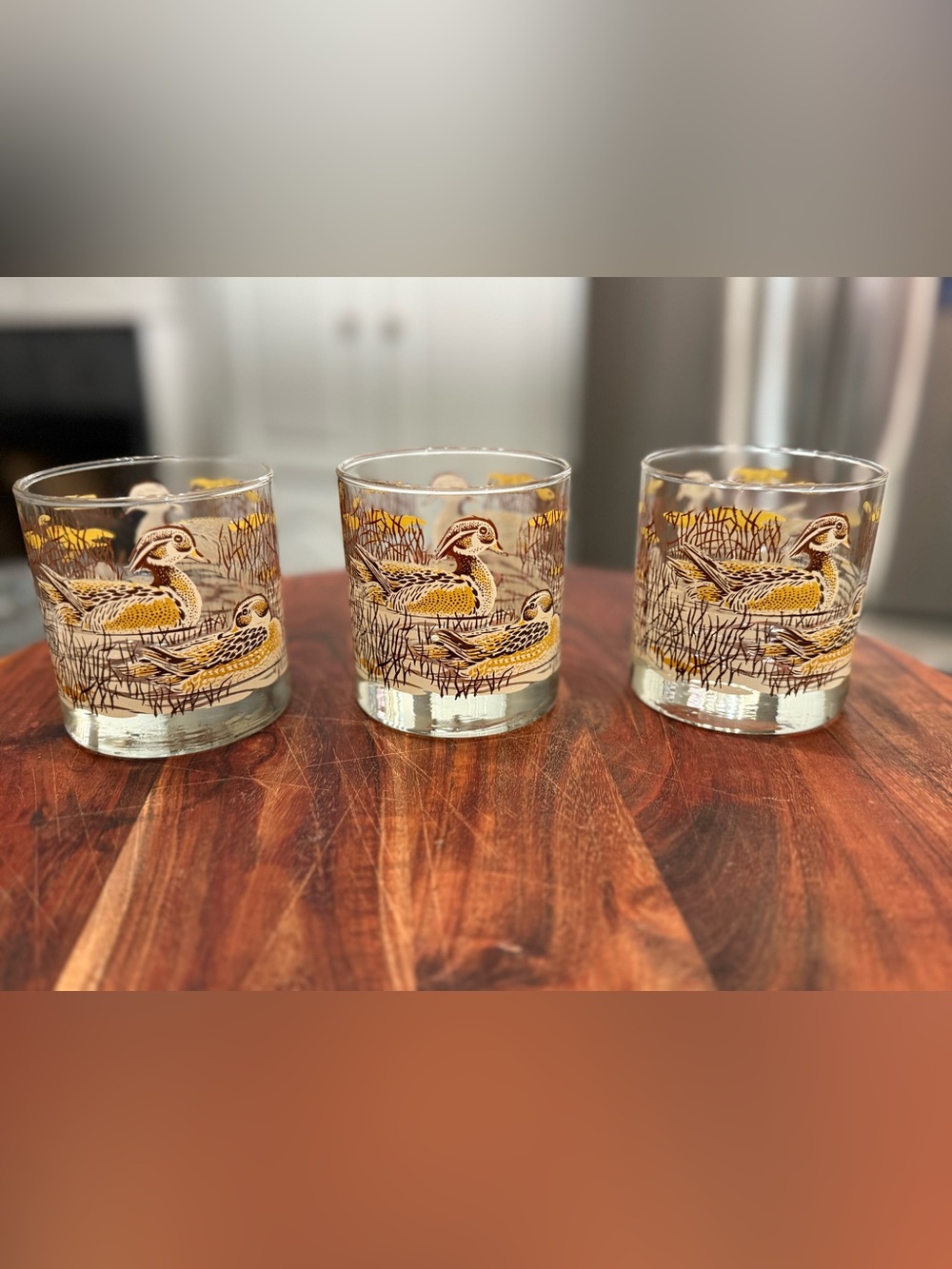 3 vintage Libbey lowball or old-fashioned bar glasses featuring a duck scene